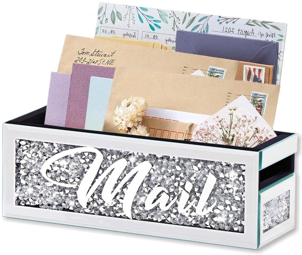 Crushed Diamond Mirrored Mail Organizer Crystal Letter Holder Desk Tray Open Box